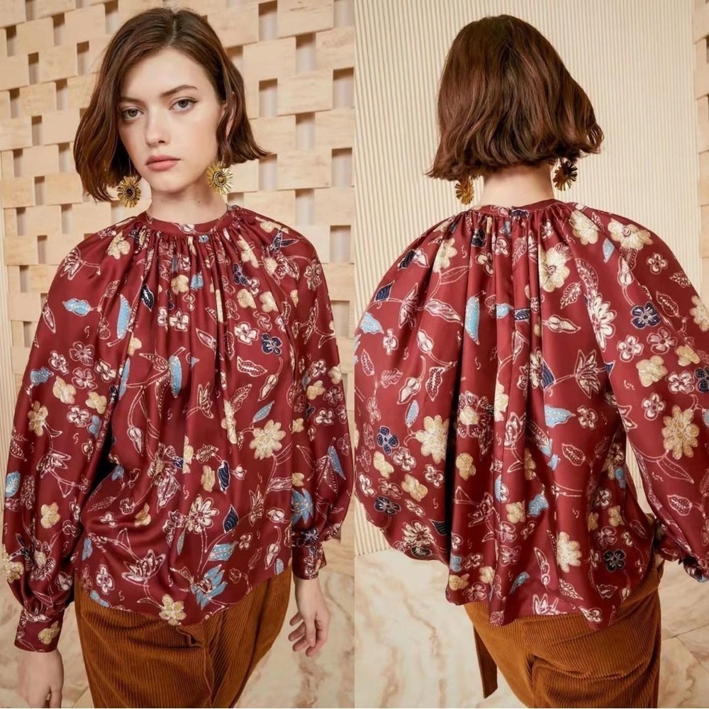 Ulla Johnson Marisol Floral Print Long Sleeve Silk Blouse Red